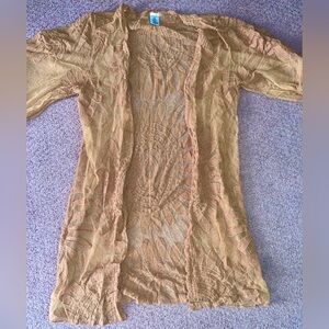 Women’s S/M Kimono Open Front Cardigan - Sheer Knee Length Boho Short Sleeve Tan
